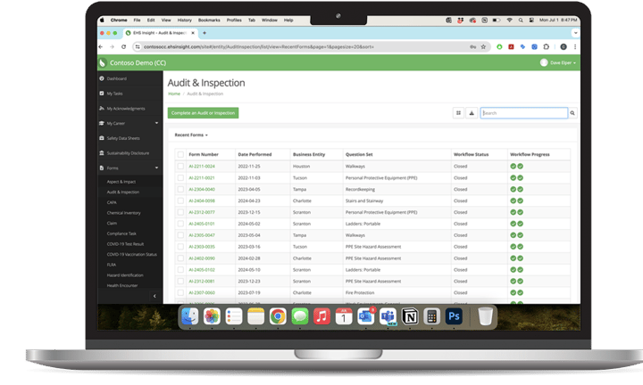 EHS Insight audits and inspections screen