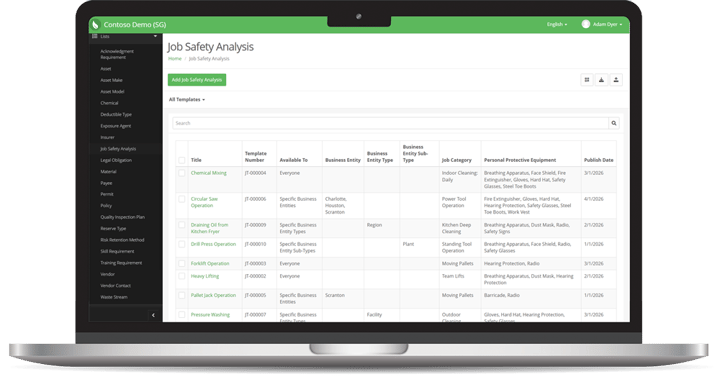EHS Insight job safety analysis and risk assessment screen
