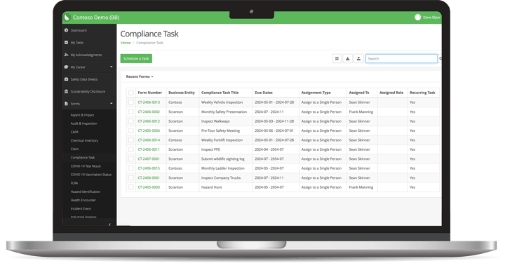 EHS Insight compliance task management screen