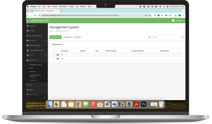 EHS Insight document control screen on a laptop